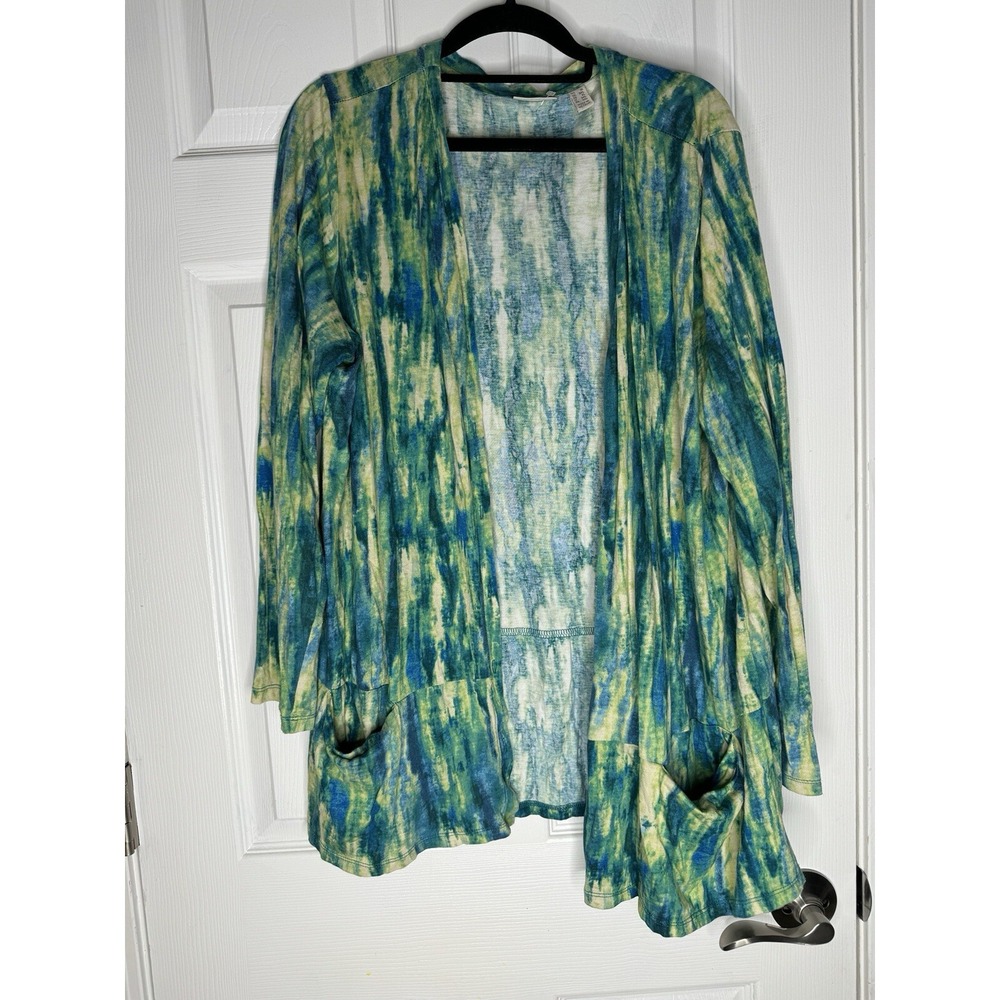 LOGO LORI GOLDSTEIN Blue Green Watercolor‎ Mother Of Pearl Button Up Cardigan 1X